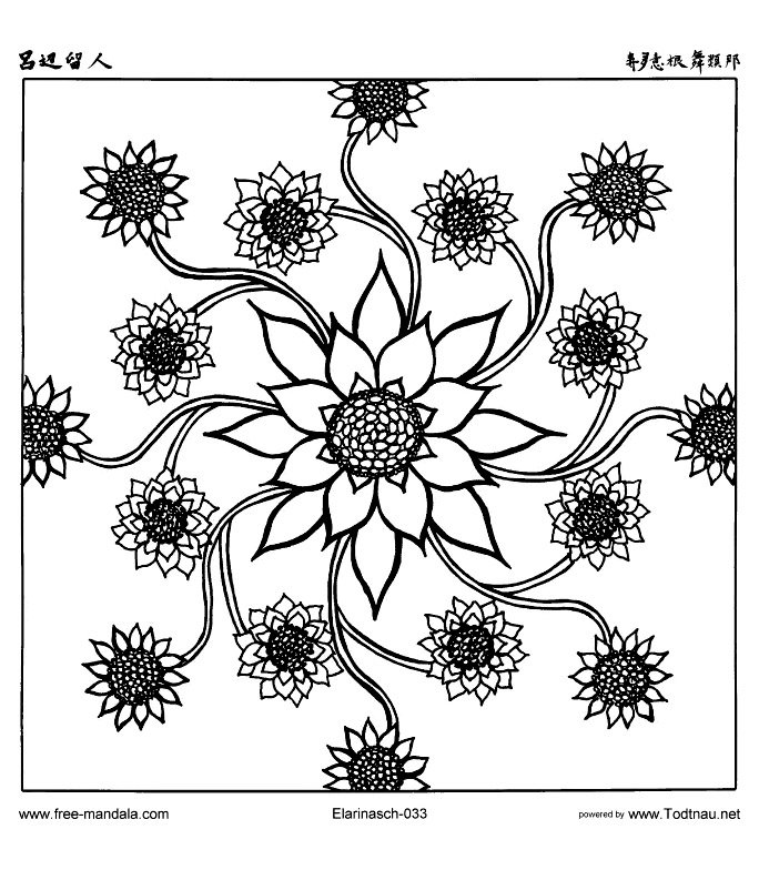A big flower in the center and more little around, composing a Mandala template. The plant elements often marry very well with the Mandalas, it is the case with this coloring page of a great originality.